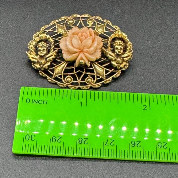 Vintage Oval Gold Tone Brooch Peach Rose Flower Accent - Picture 3 of 3